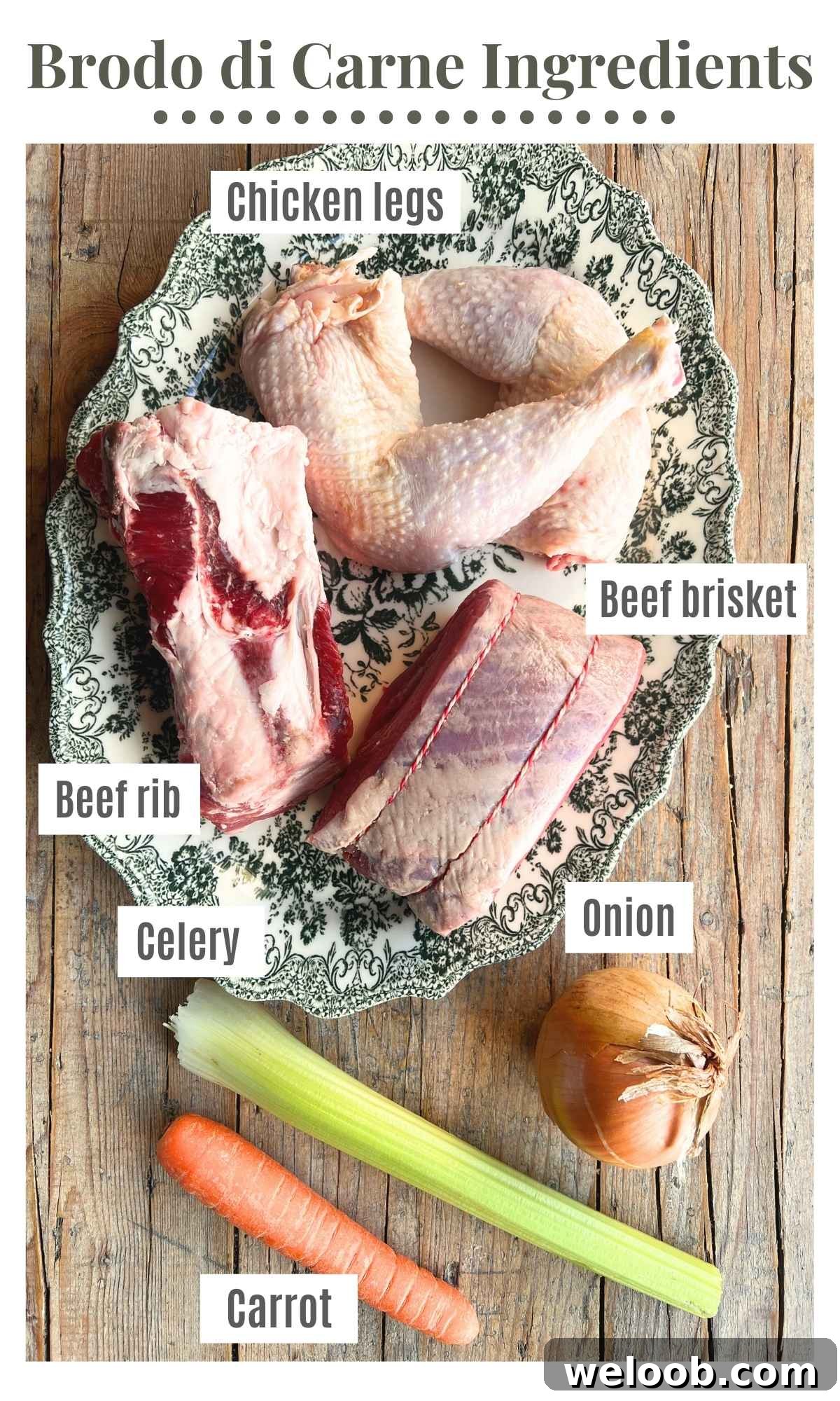 An overhead shot of all the ingredients needed to make Brodo di carne.