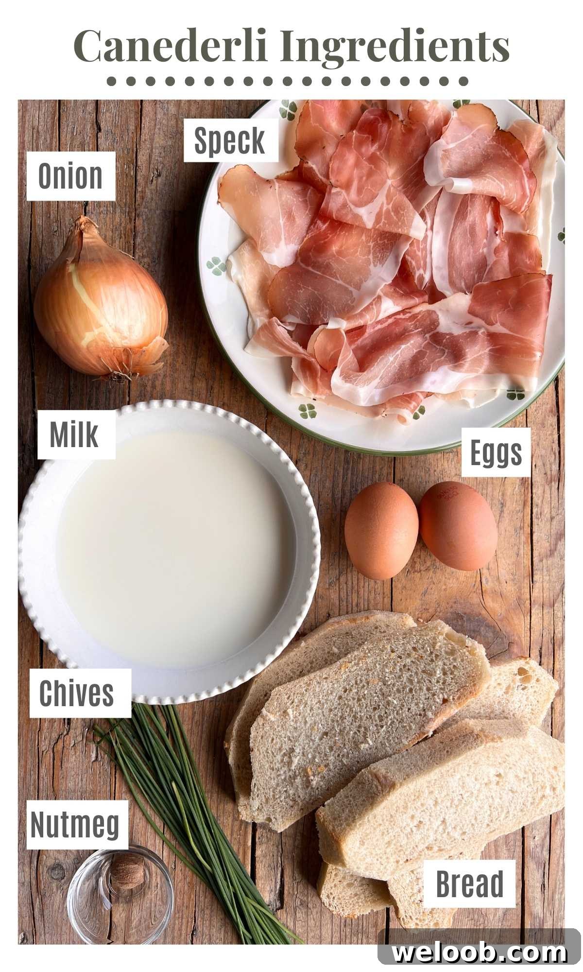An overhead shot of all the ingredients needed to make Canederli.