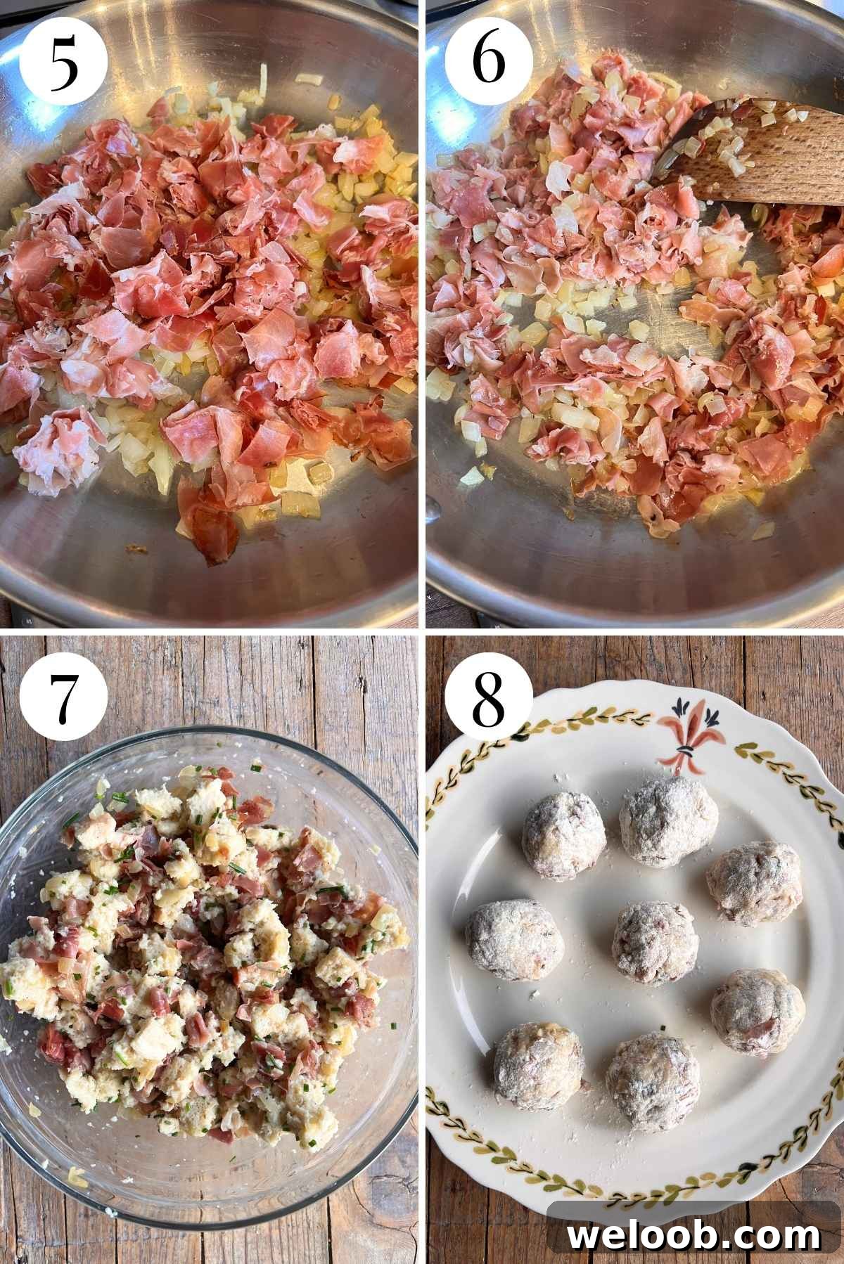 Four photos in a collage showing the final four steps of making Italian Canederli dumplings.