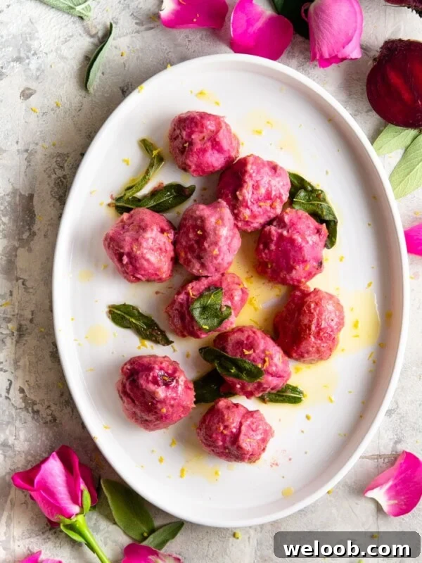 An overhead shot of beetroot ricotta gnudi