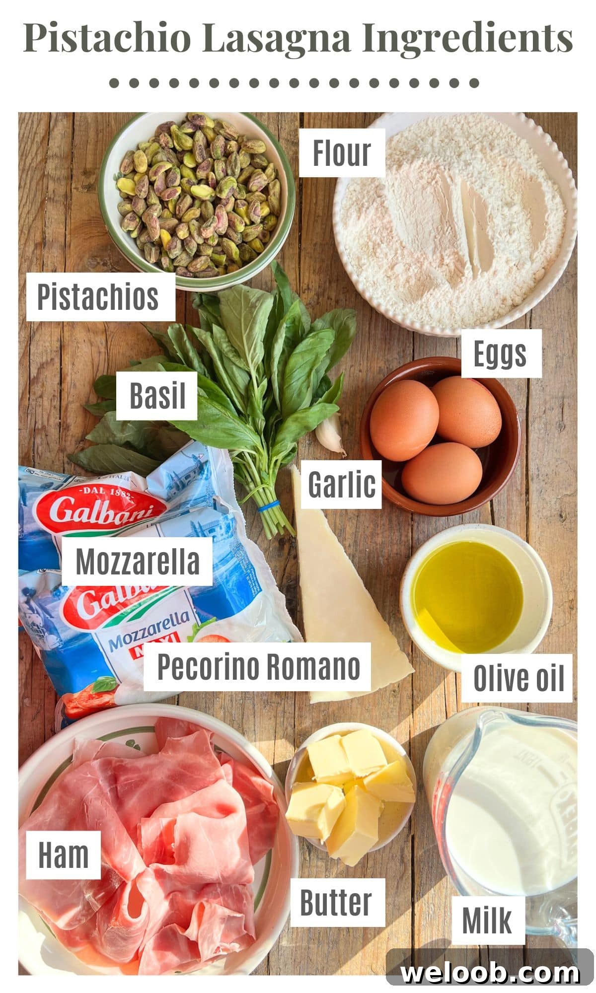 All the ingredients needed to make a Pistachio lasagna laying on a wooden surface.