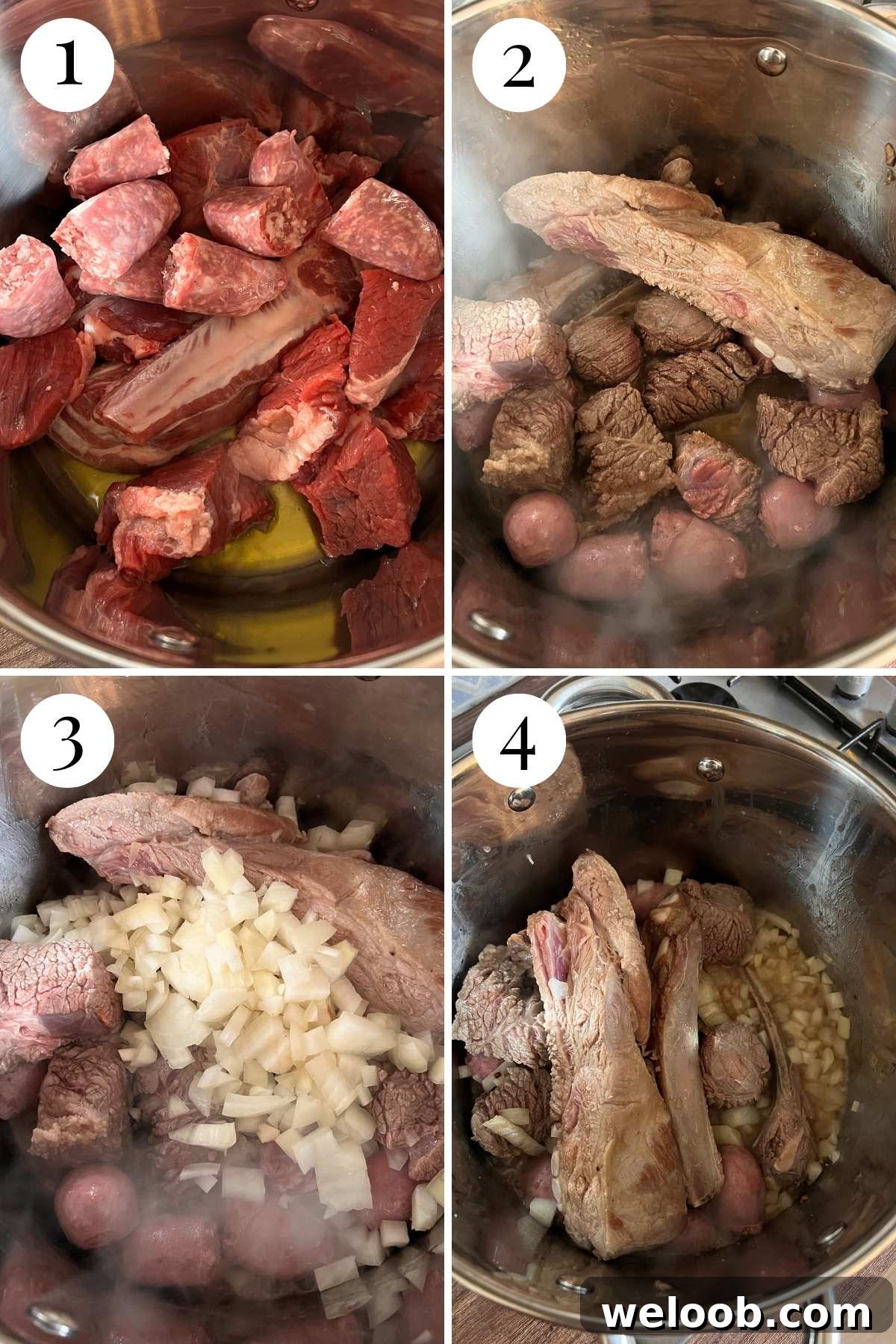 Four photos in a collage showing how to brown meat and onions.