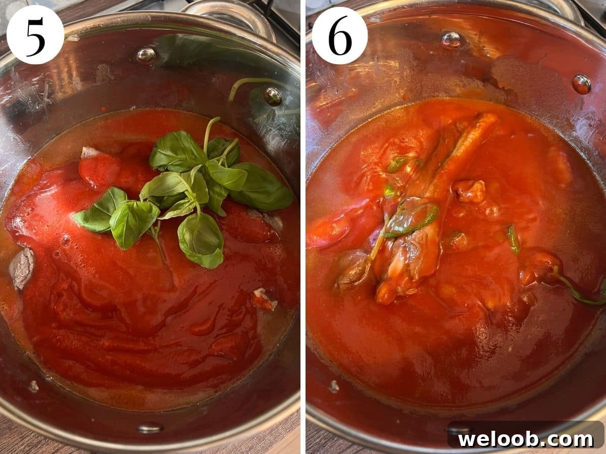 Two photos in a collage showing how to make a neapolitan ragu with tomato sauce.