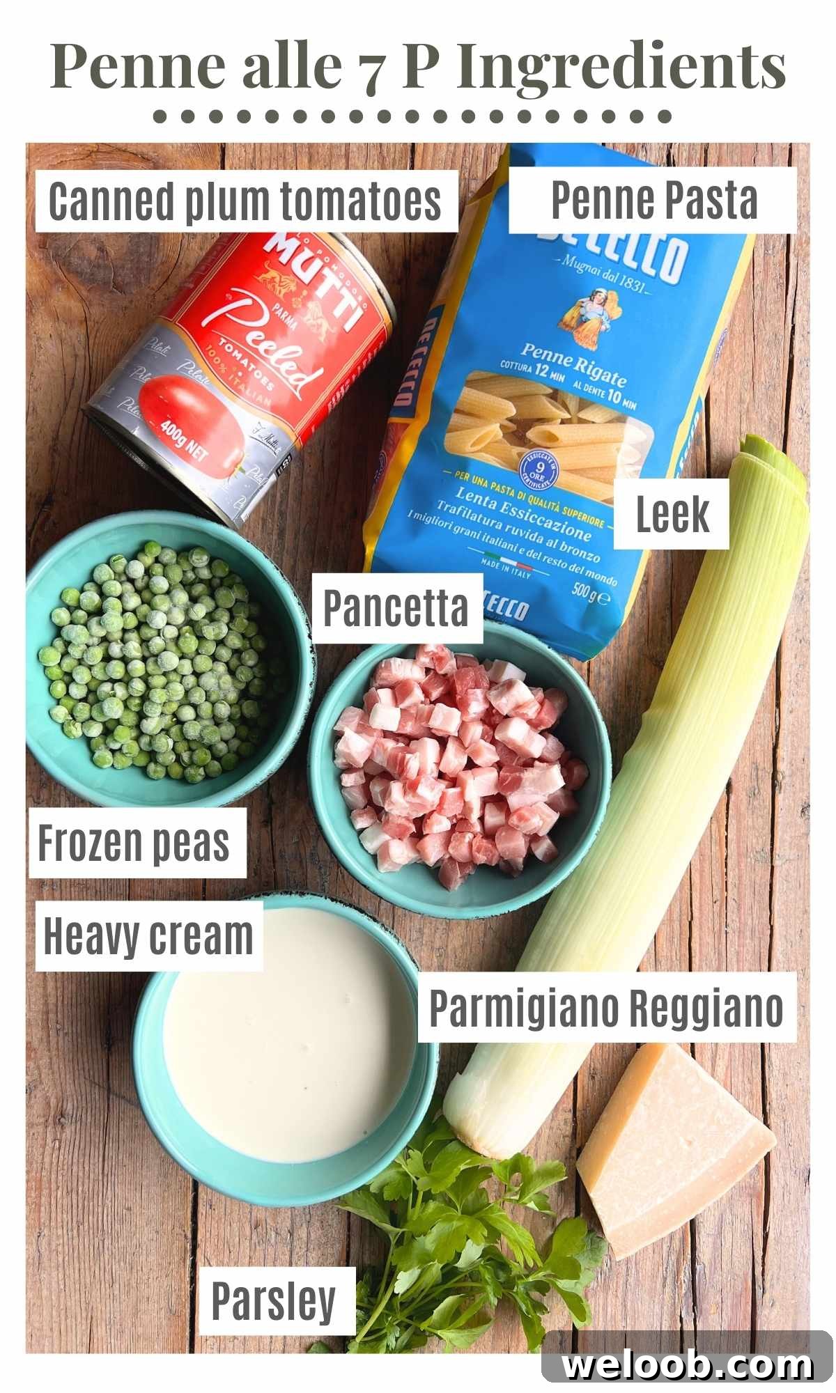 An overhead shot of all the ingredients needed to make a creamy tomato Tuscan pasta called 'Penne alle sette P'.
