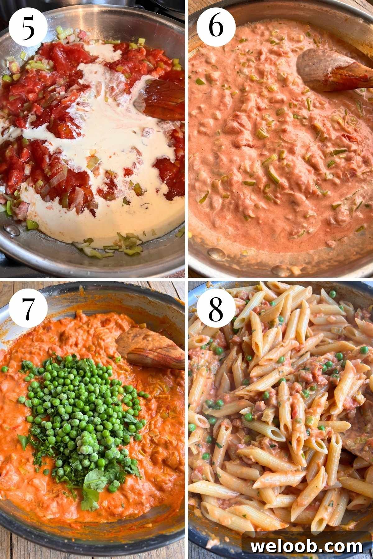 Four photos in a collage showing how to make a creamy tomato pasta sauce with creamy, peas and parsley.