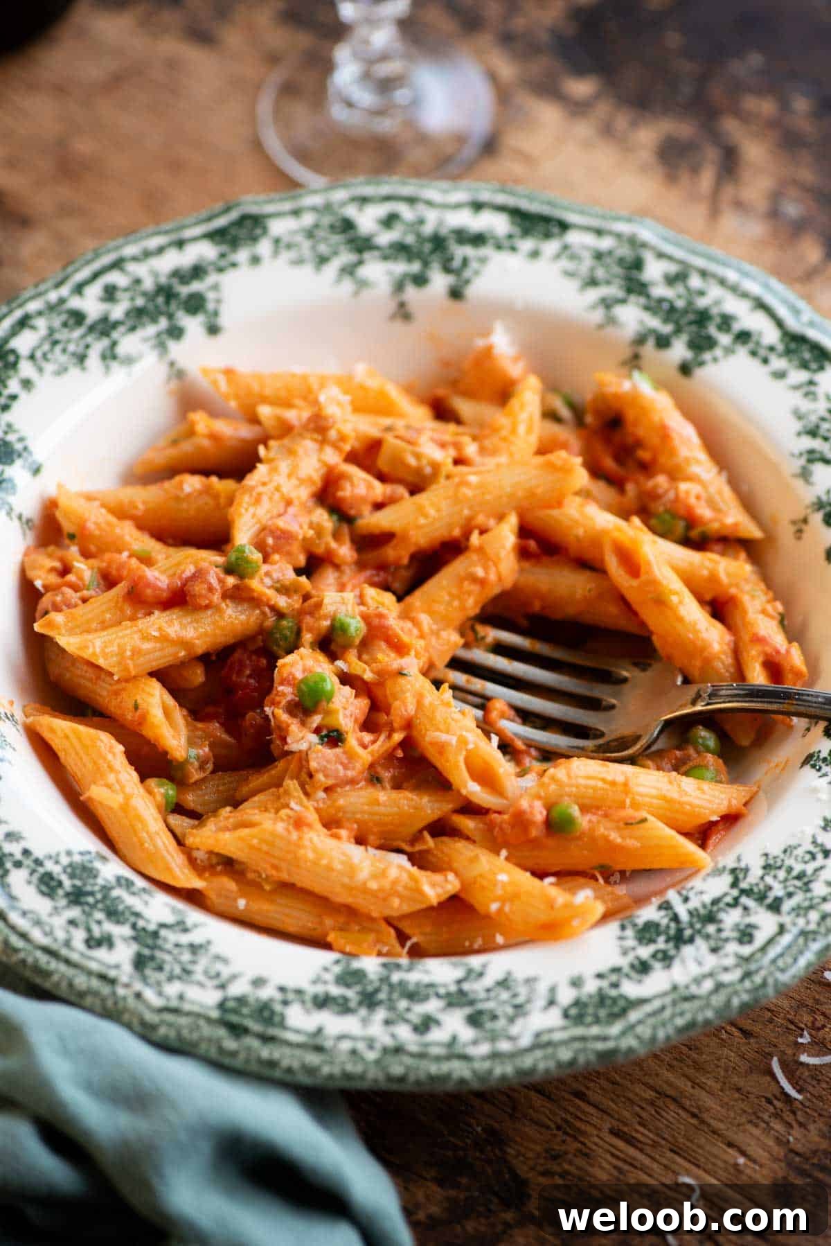 A close up of a creamy Tuscan pasta in a bowl called 'pasta alle 7 P' the bowl is on a wooden table.