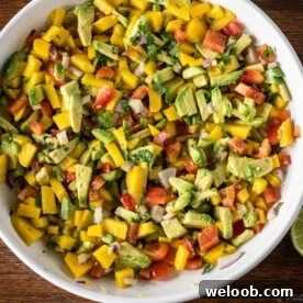 Mango Avocado Salsa in a white bowl