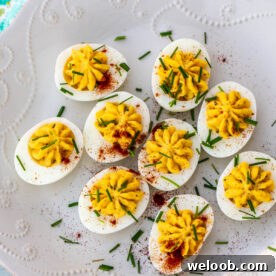 Platter of decorated deviled eggs.