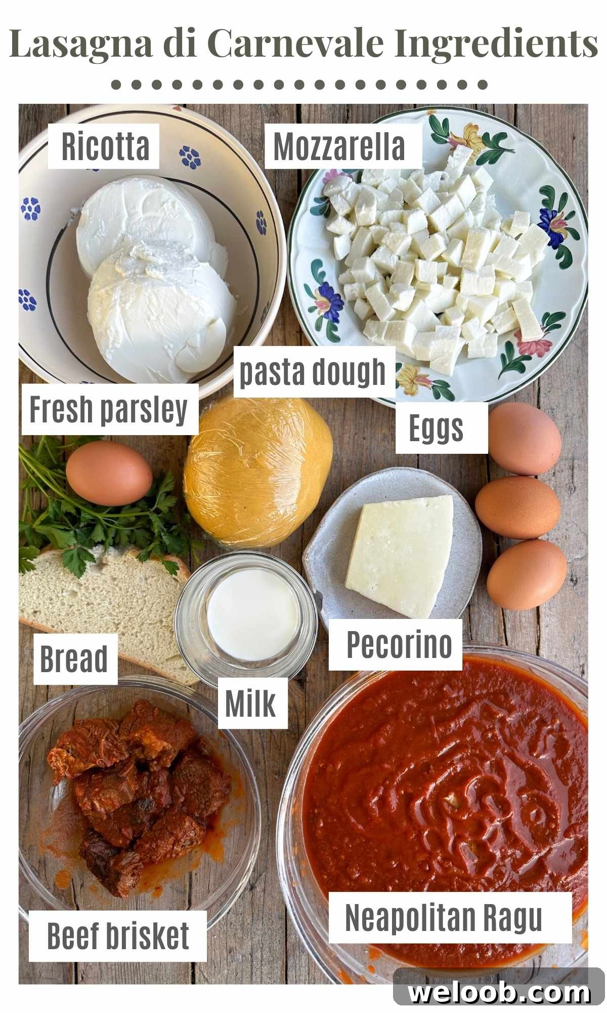 An overhead shot of all the ingredients needed to make a Neapolitan lasagna di carnevale.