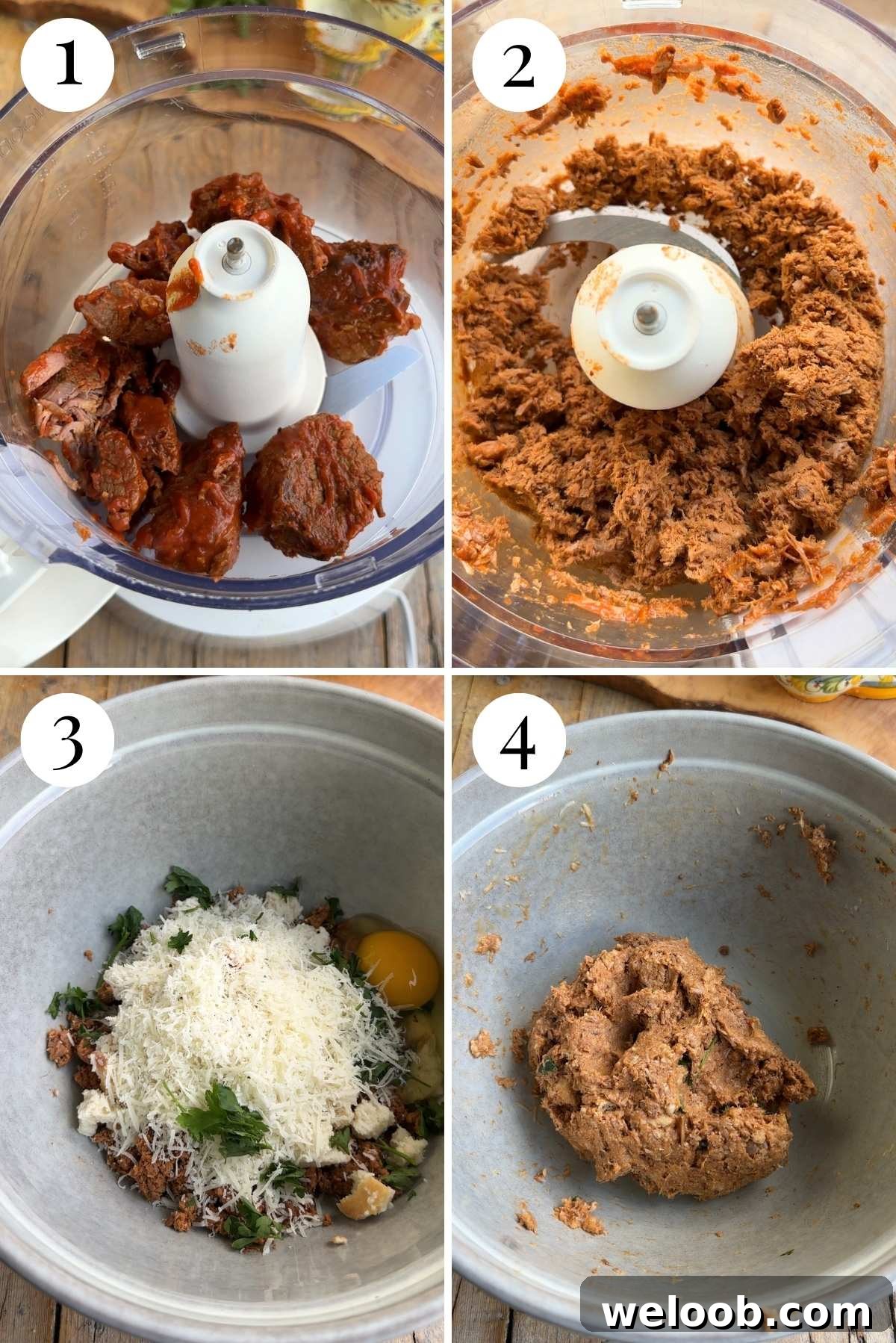 Four photos in a collage showing how to make meatballs for a southern Italian lasagna.
