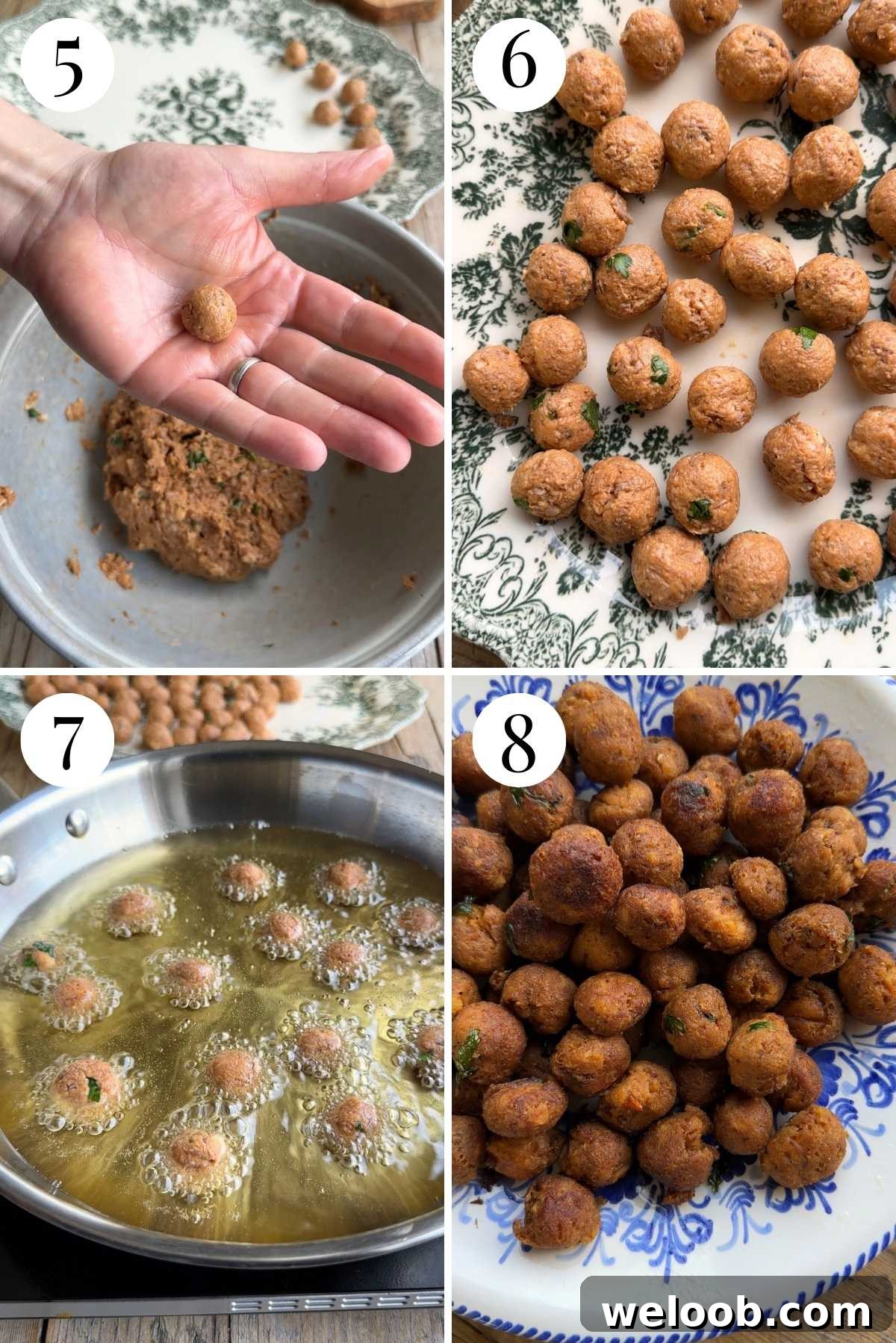 Four photos in a collage showing how to fry tiny meatballs for Neapolitan lasagna.