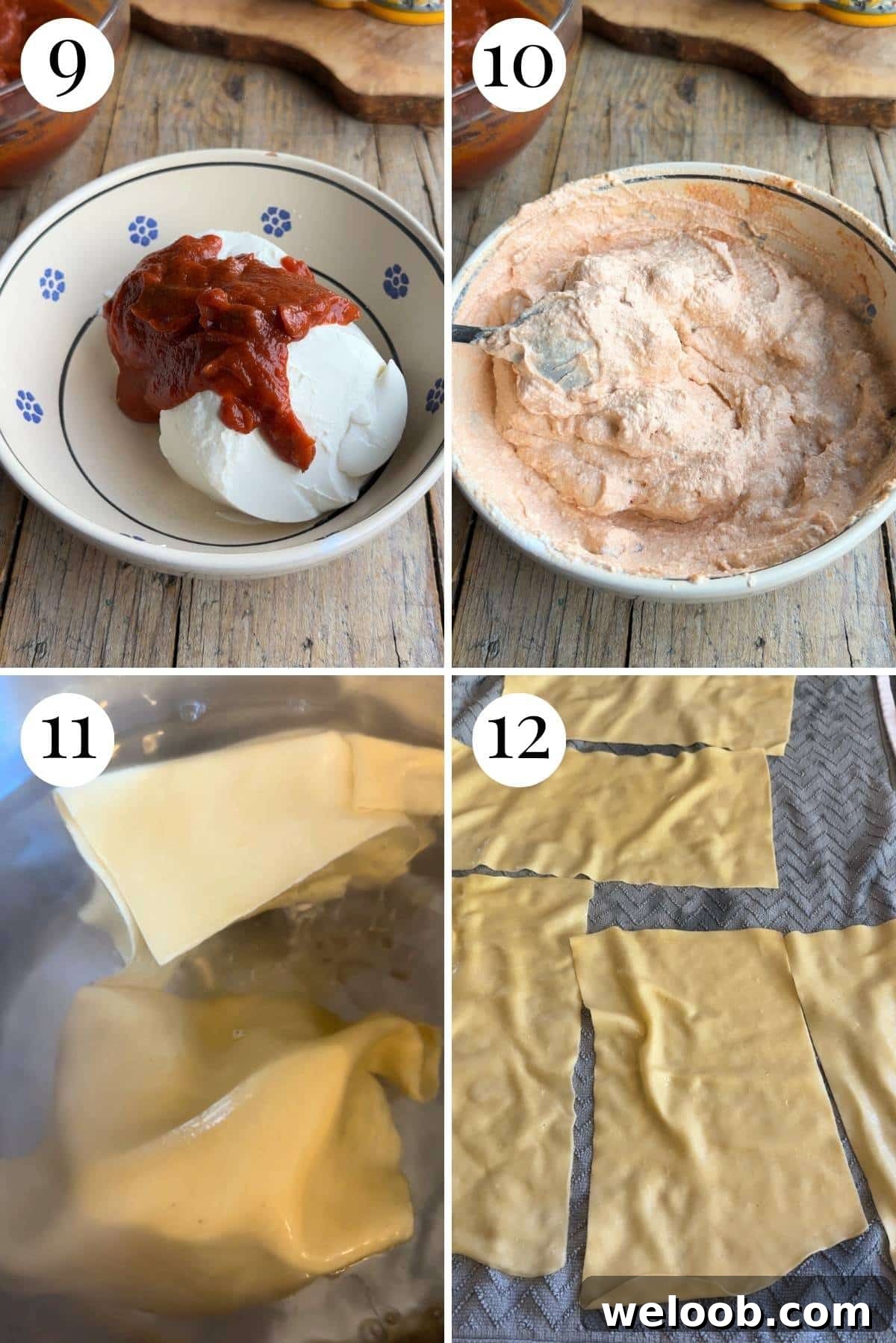 Four photos in a collage showing how to make a ricotta mixture for Lasagna di Carnevale and blanch homemade pasta.