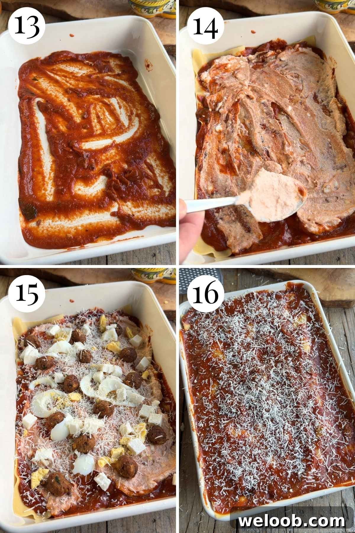 Four photos in a collage showing how to assemble lasagna di Carnevale.