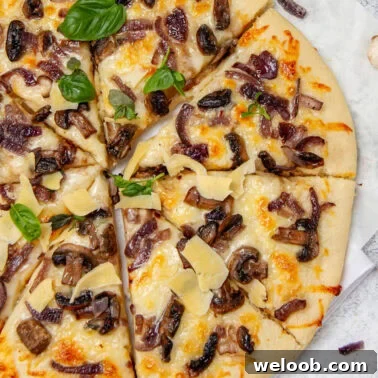 Square image of homemade pizza.