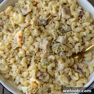Square image of chicken macaroni salad.