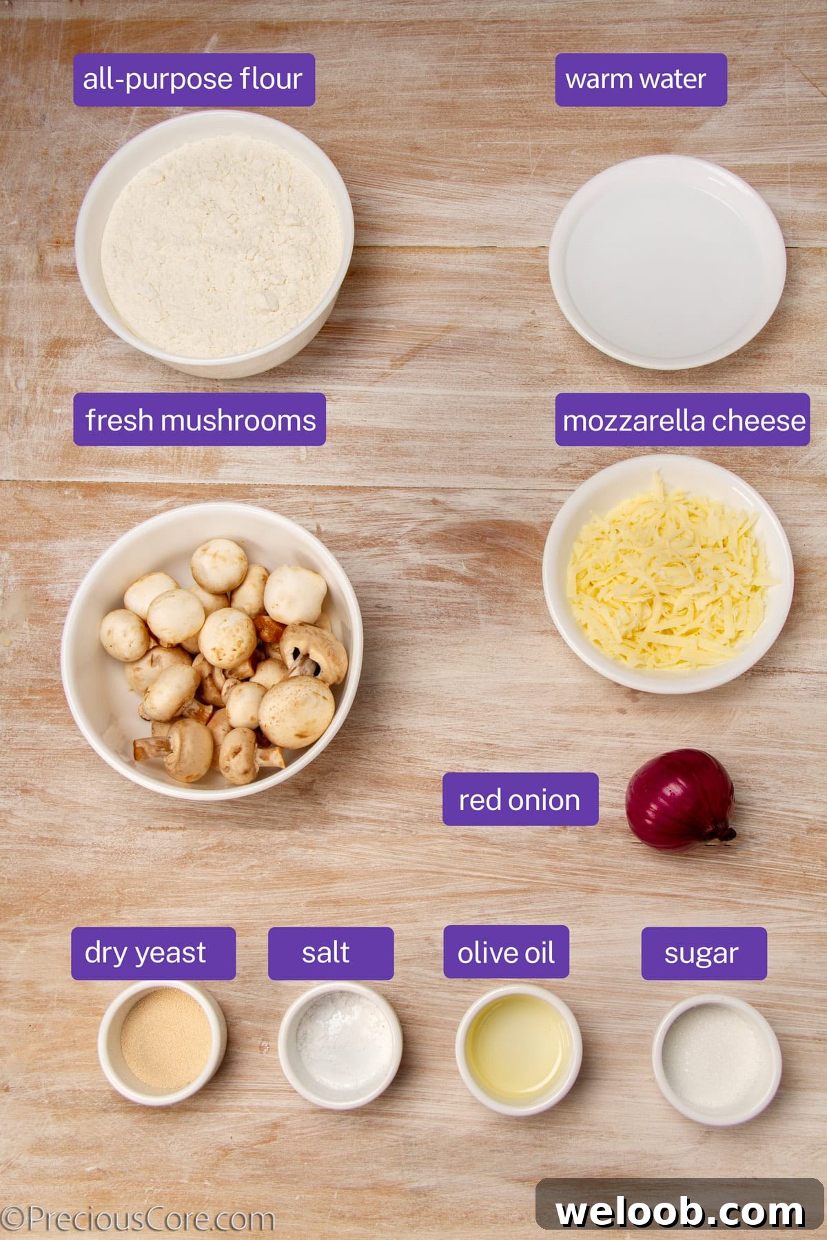 Ingredients for easy mushroom pizza.