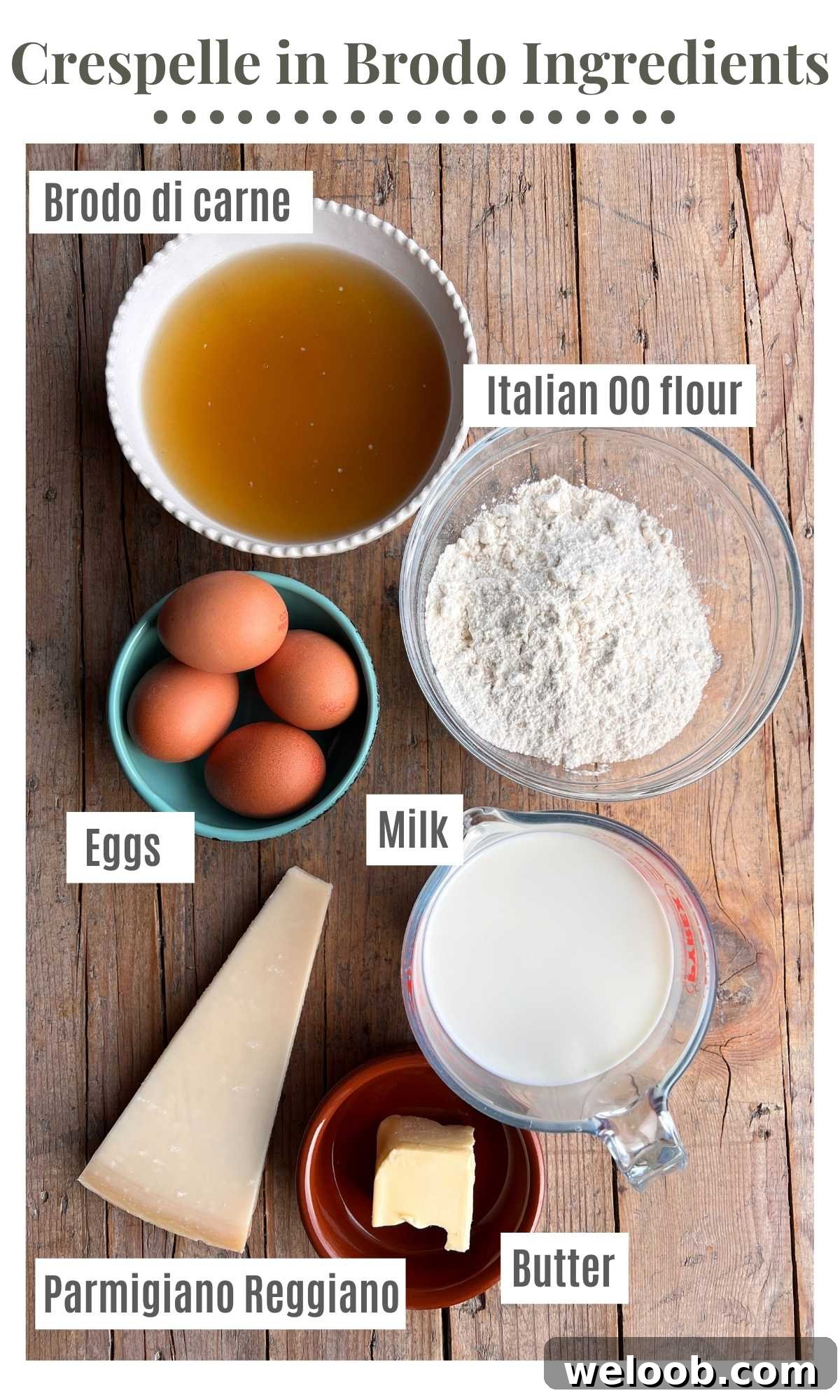An overhead shot of all the ingredients needed to make crespelle in brodo.