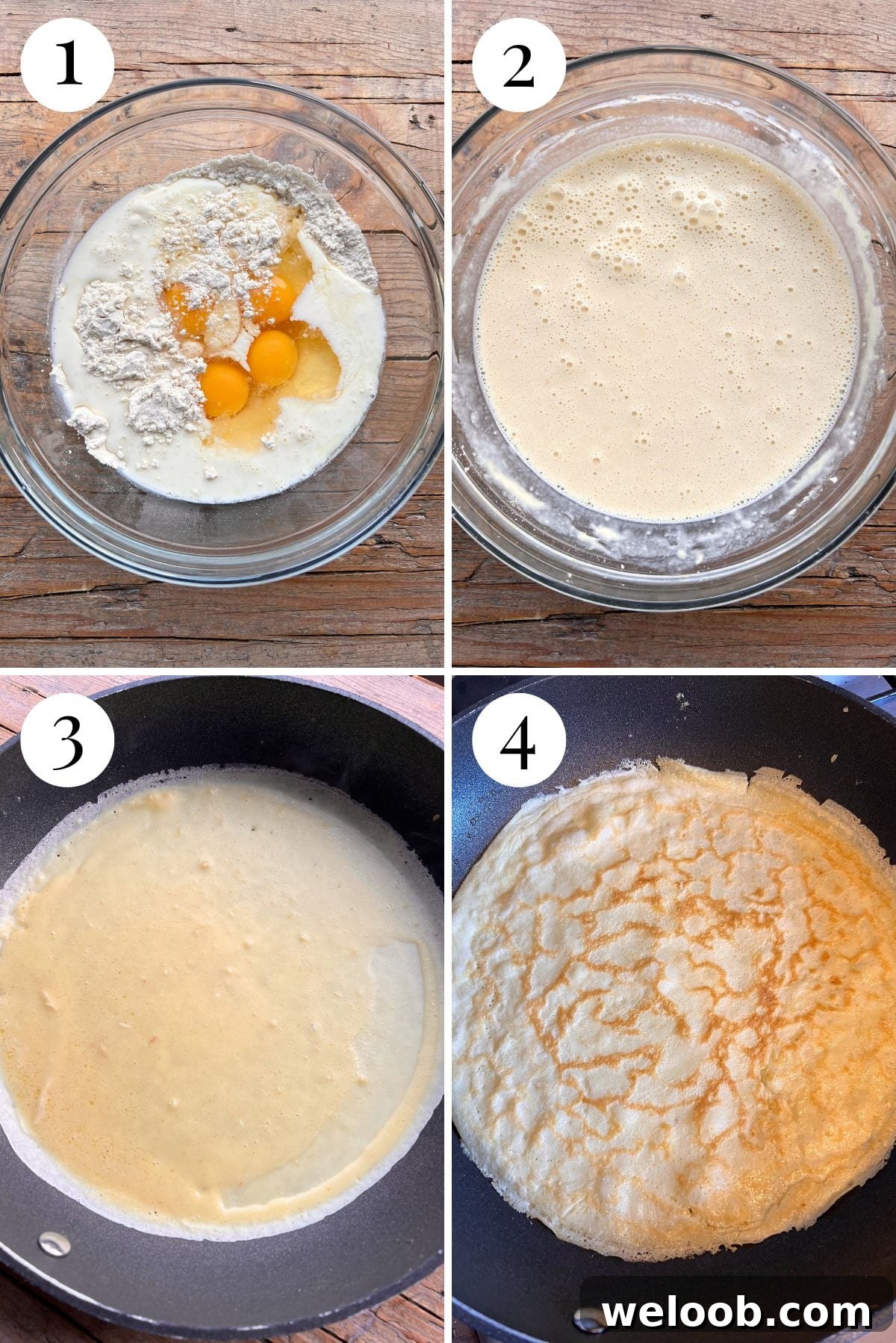 Four photos in a collage showing how to make crepe batter.