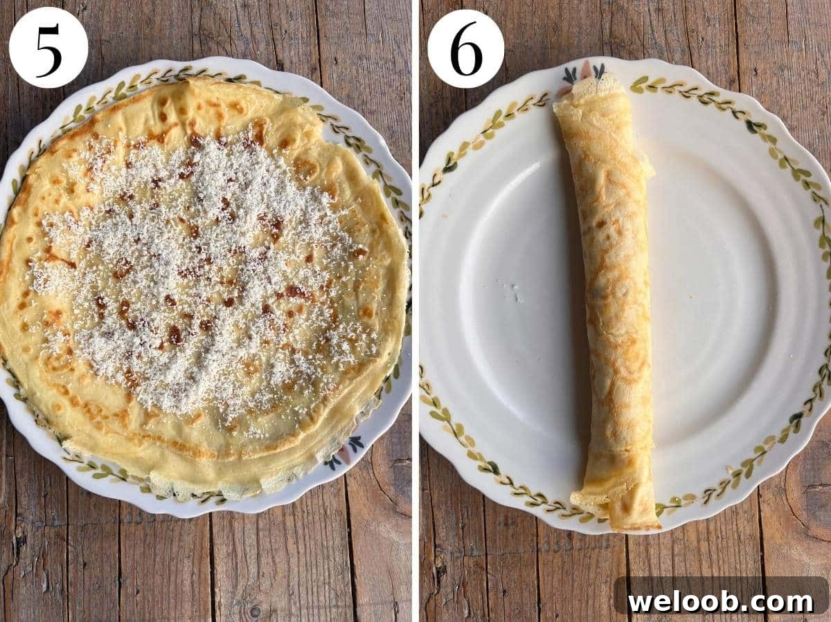 Two photos in a collage showing how to fill and roll crepes.