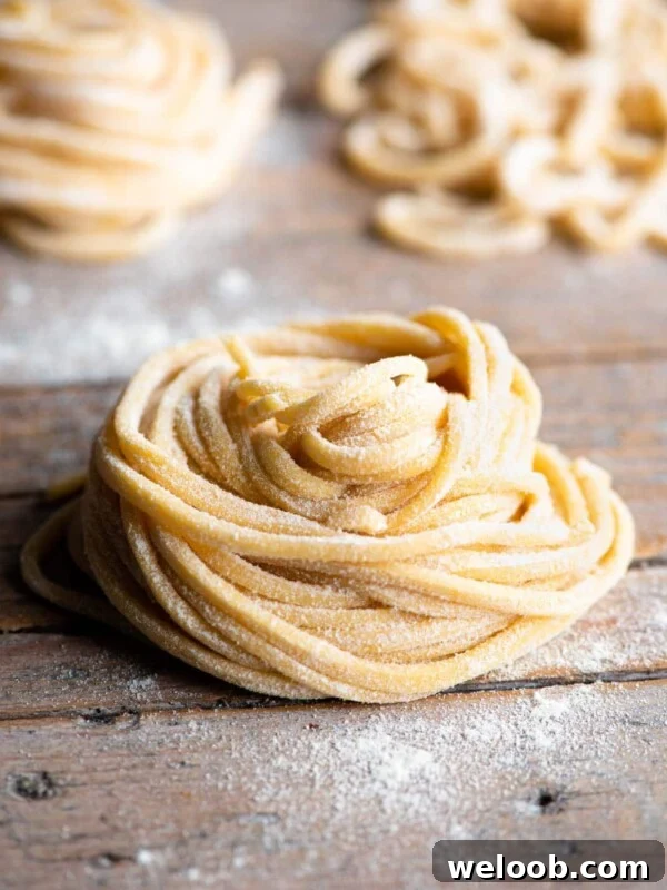 A nest of tonnarelli pasta sitting on a wooden surface