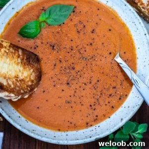 Roasted tomato and garlic soup in a bowl with a grilled cheese sandwich dipping into the soup.