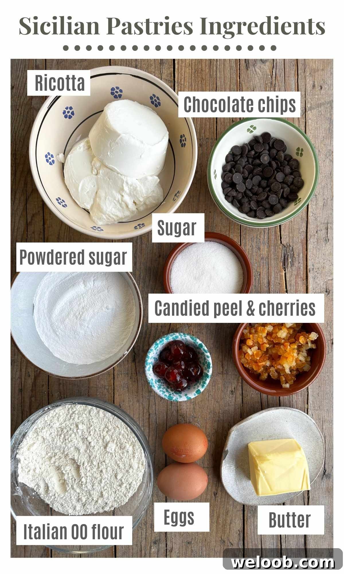 An overhead shot of all the ingredients needed to make Dolci della Sposa, Sicilian pastries.