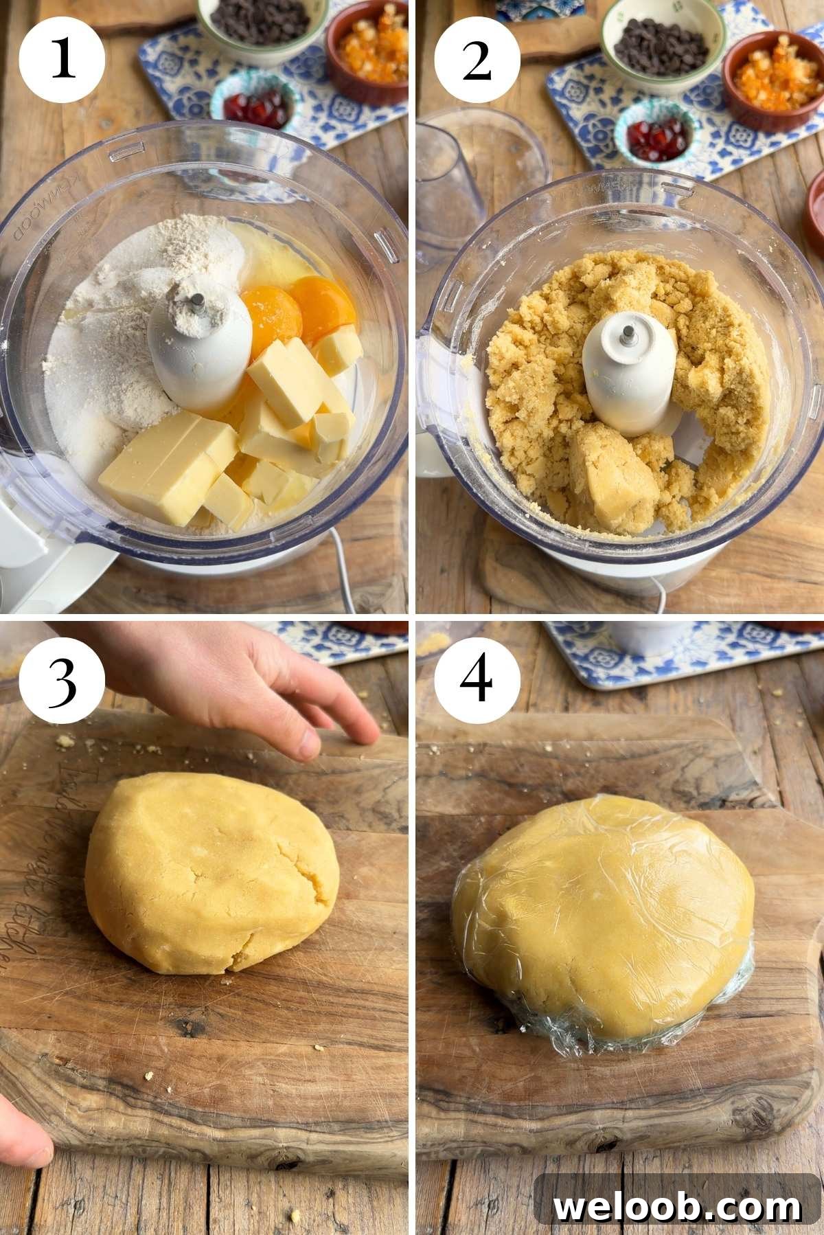 Four photos in a collage showing how to make pastry dough.