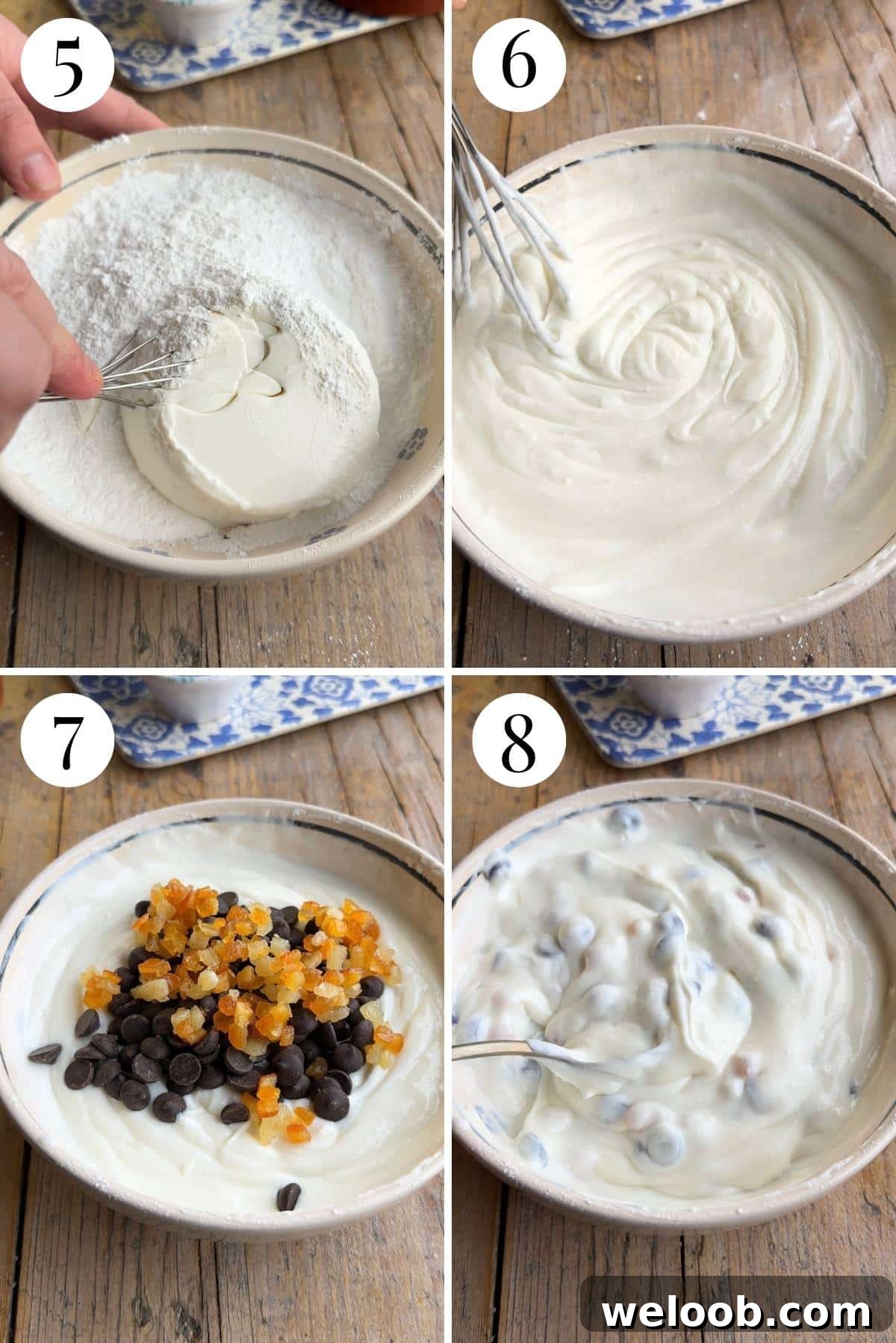 Four photos in a collage showing how to make a sweet ricotta and chocolate chip filling.