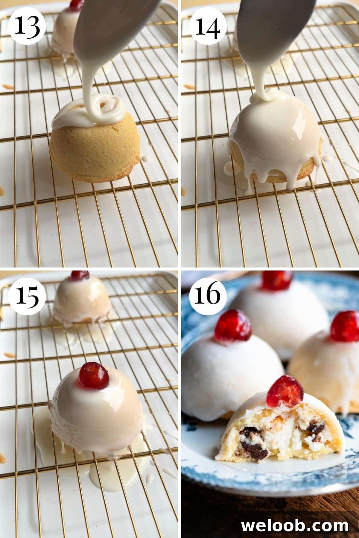 Four photos in a collage showing how to pour icing on Sicilian pastries.