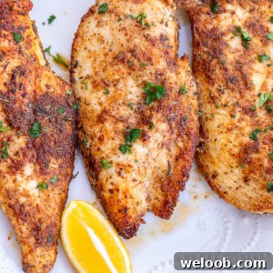 Thin sliced chicken breasts served with lemon wedges.