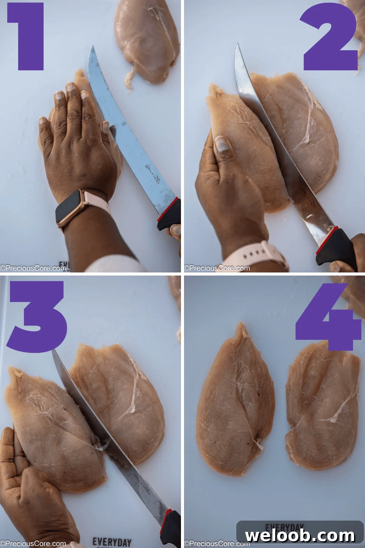 Cutting a chicken breast into thin sliced chicken breasts.