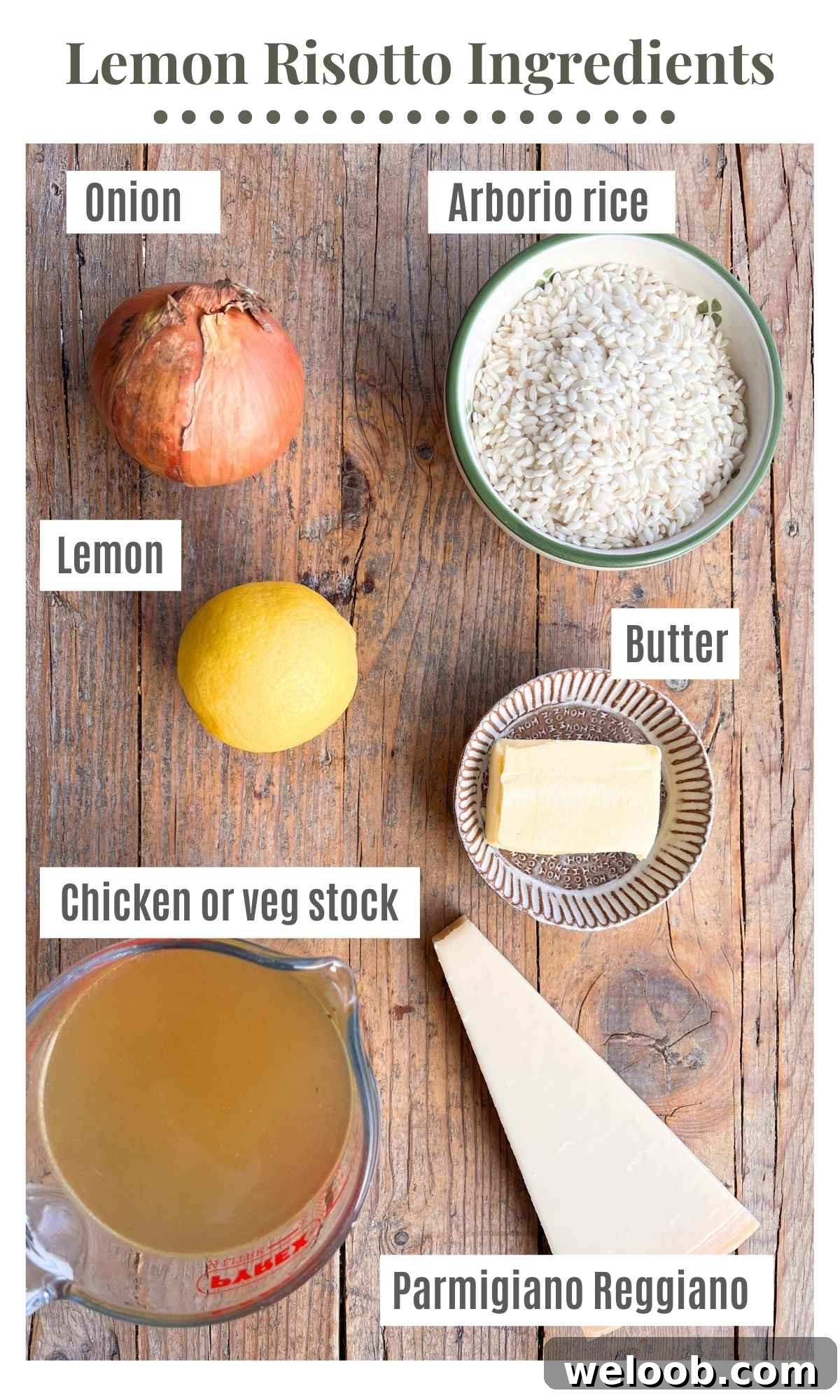 An overhead shot of all the ingredients needed to make lemon risotto.