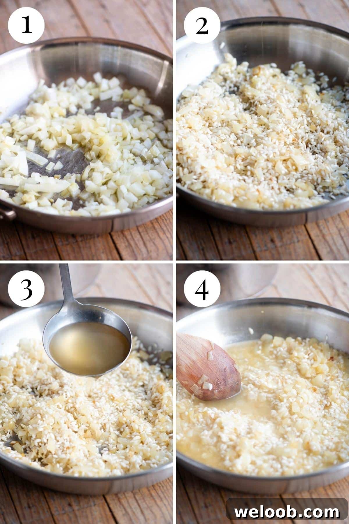 Four photos in a collage showing how to make lemon risotto.