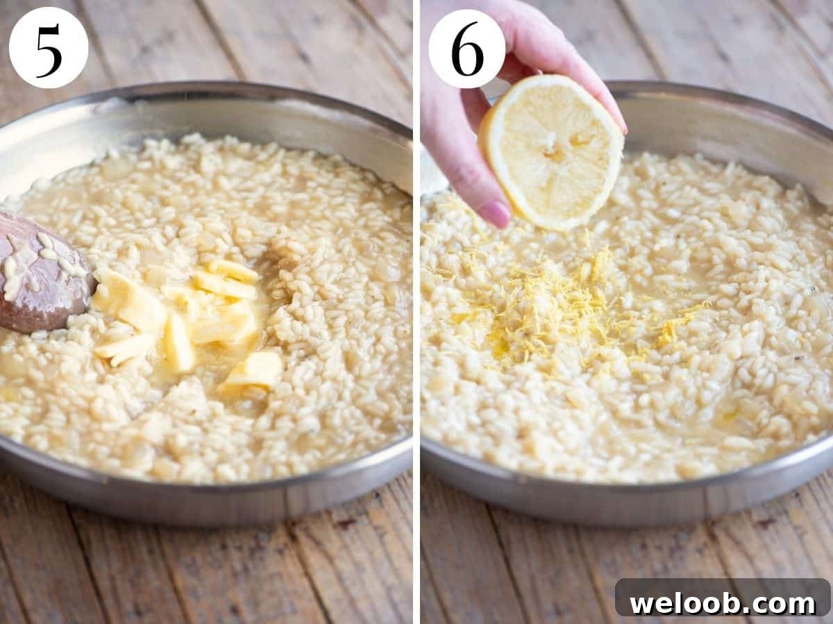 Two photos in a collage showing how to finish lemon risotto.