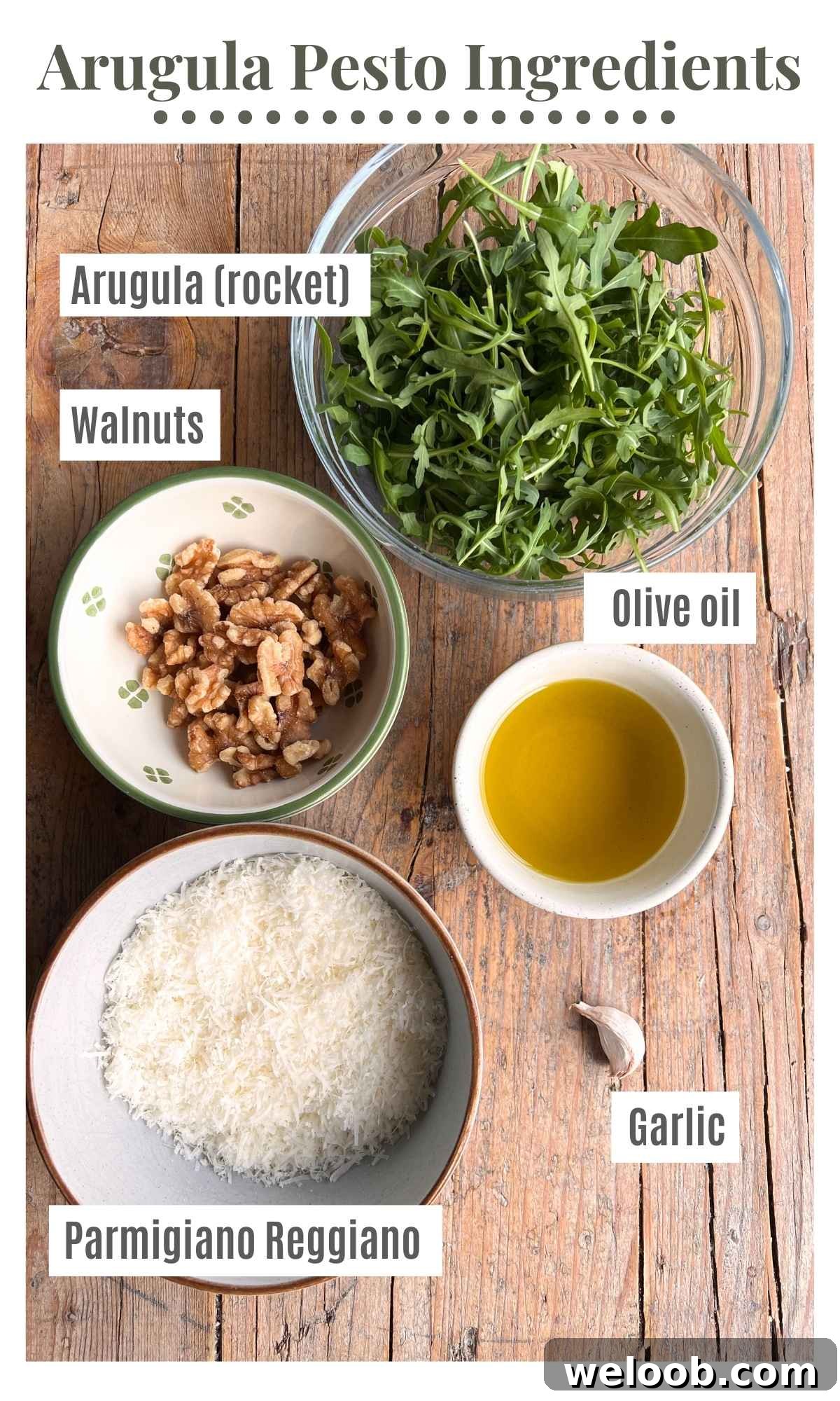 An overhead shot of all the ingredients needed to make arugula pesto.
