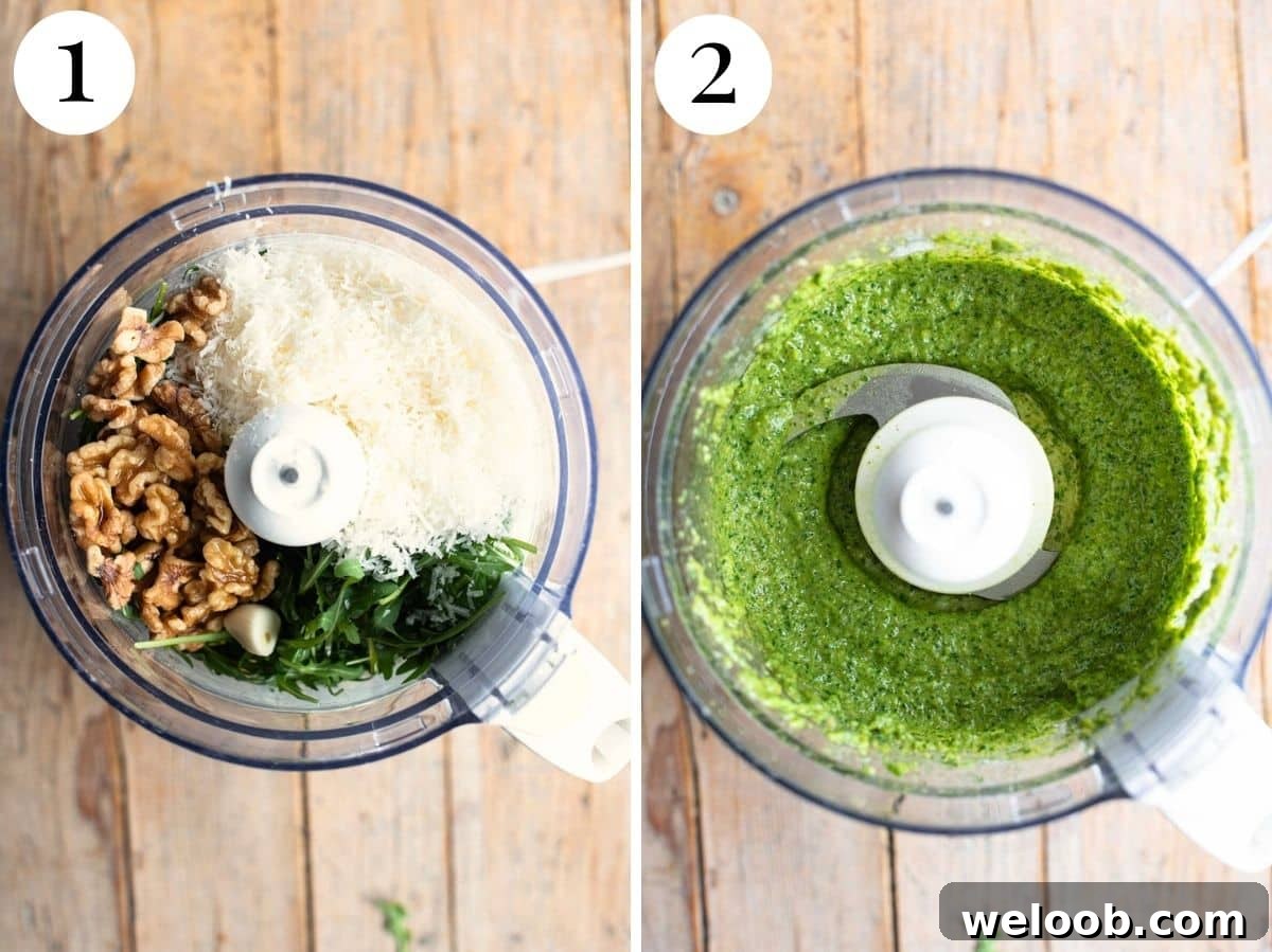 Two photos in a collage showing how to make arugula pesto in a food processor.