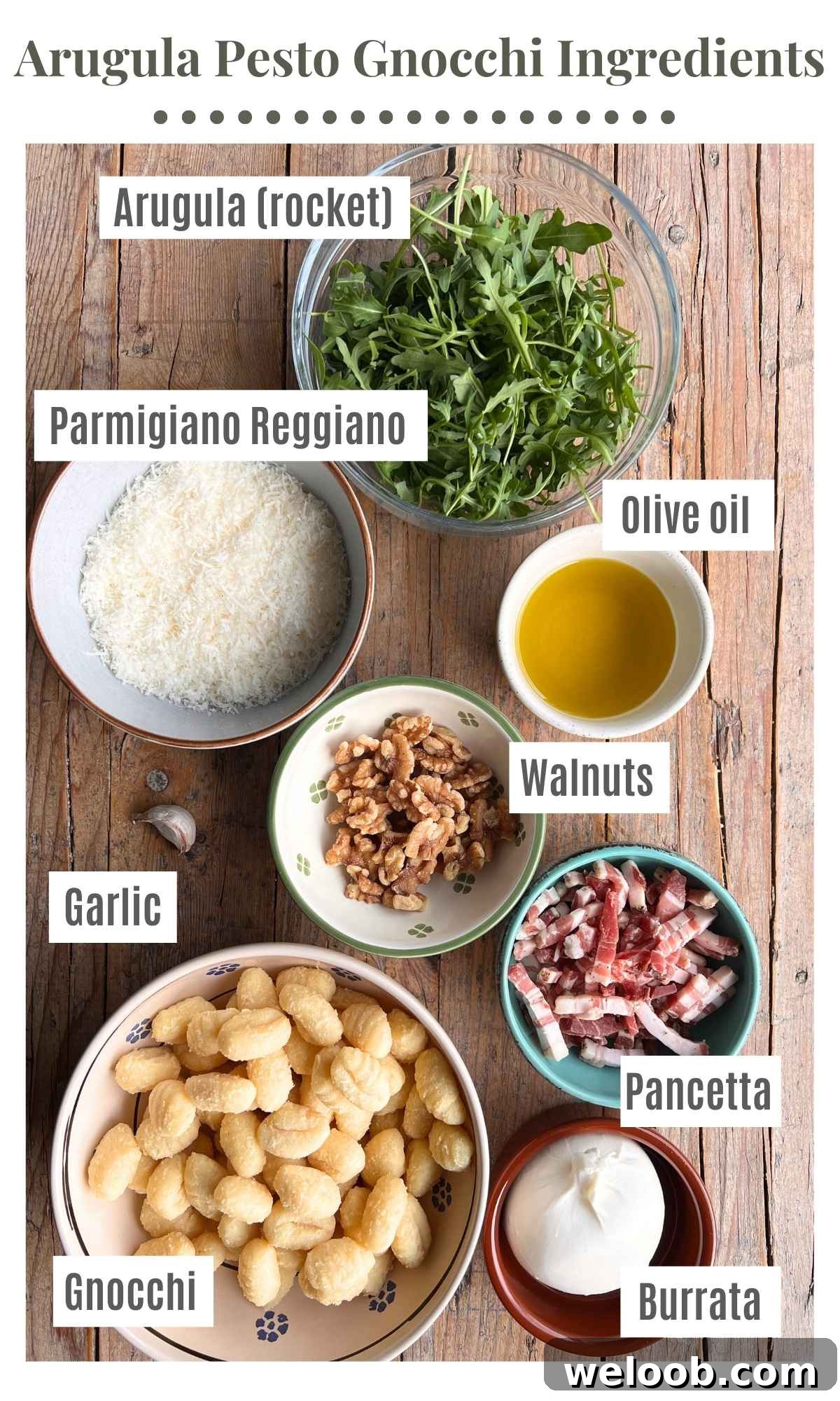 An overhead shot of all the ingredients needed to make gnocchi with arugula pesto, pancetta and burrata.