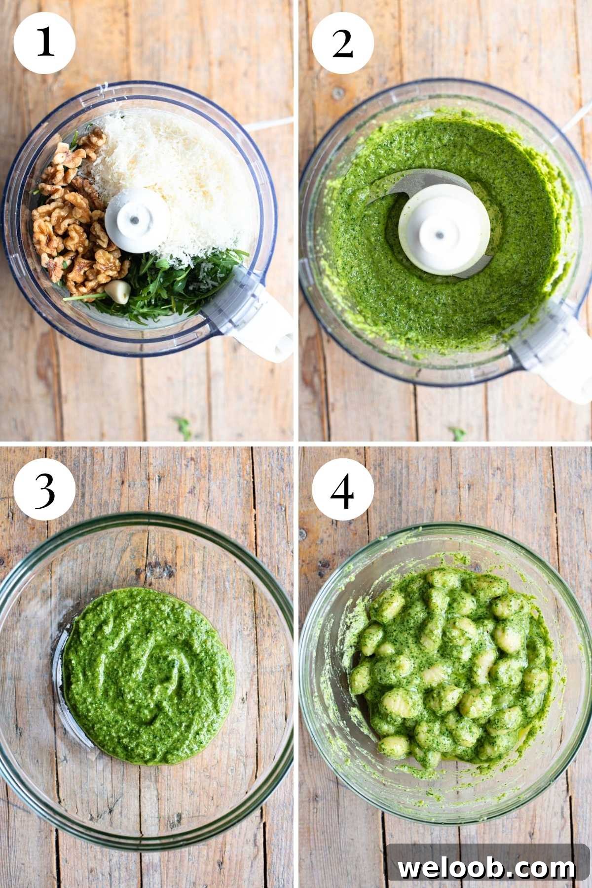 Four photos in a collage showing how to make gnocchi with arugula pesto.