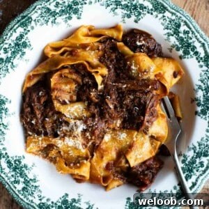 A close up of beef rib ragu with pappardelle pasta in a green and white bowl.