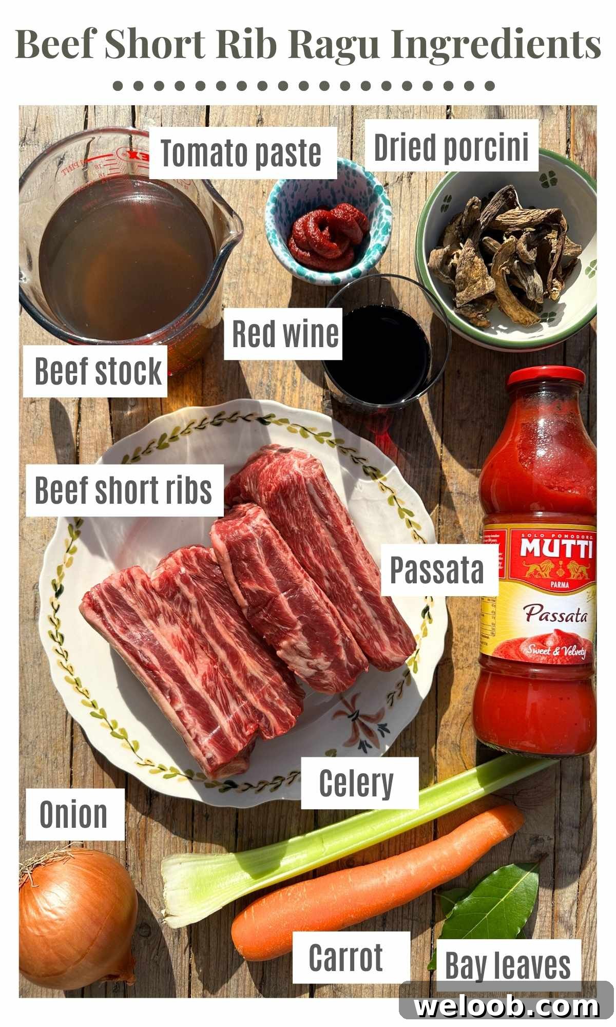 Beef short rib ragu ingredients arranged on a rustic wooden surface, including raw beef short ribs, onion, celery, carrot, beef stock, tomato paste, red wine, dried porcini, passata, and bay leaves, all labeled
