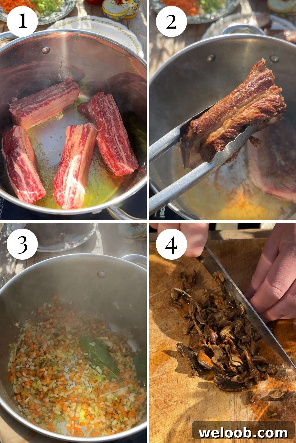 Step-by-step images for beef short rib ragu: browning short ribs, searing them, sautéing vegetables, and chopping soaked porcini mushrooms