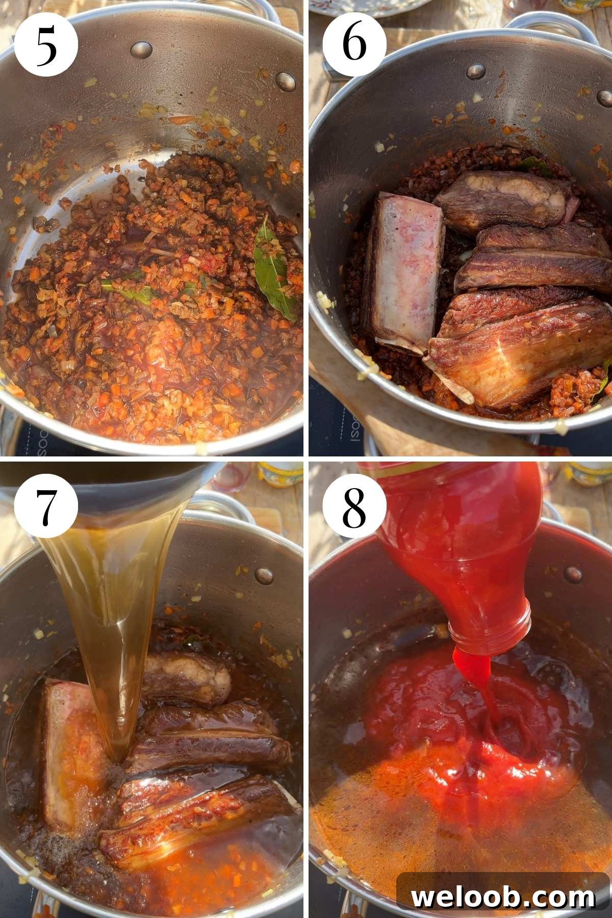 Step by step photos for beef short rib ragu: adding red wine and mushrooms to vegetables, adding beef ribs back in and adding stock and passata.