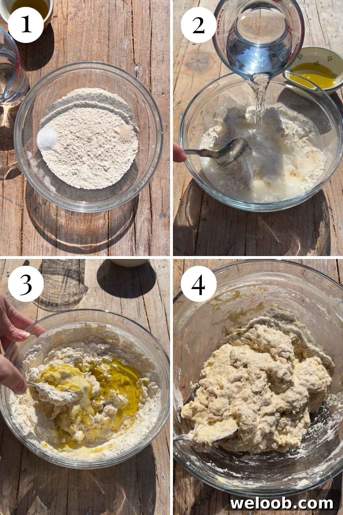 Four images in a collage showing flour, salt and yeast in a glass bowl getting mixed with water and olive oil.