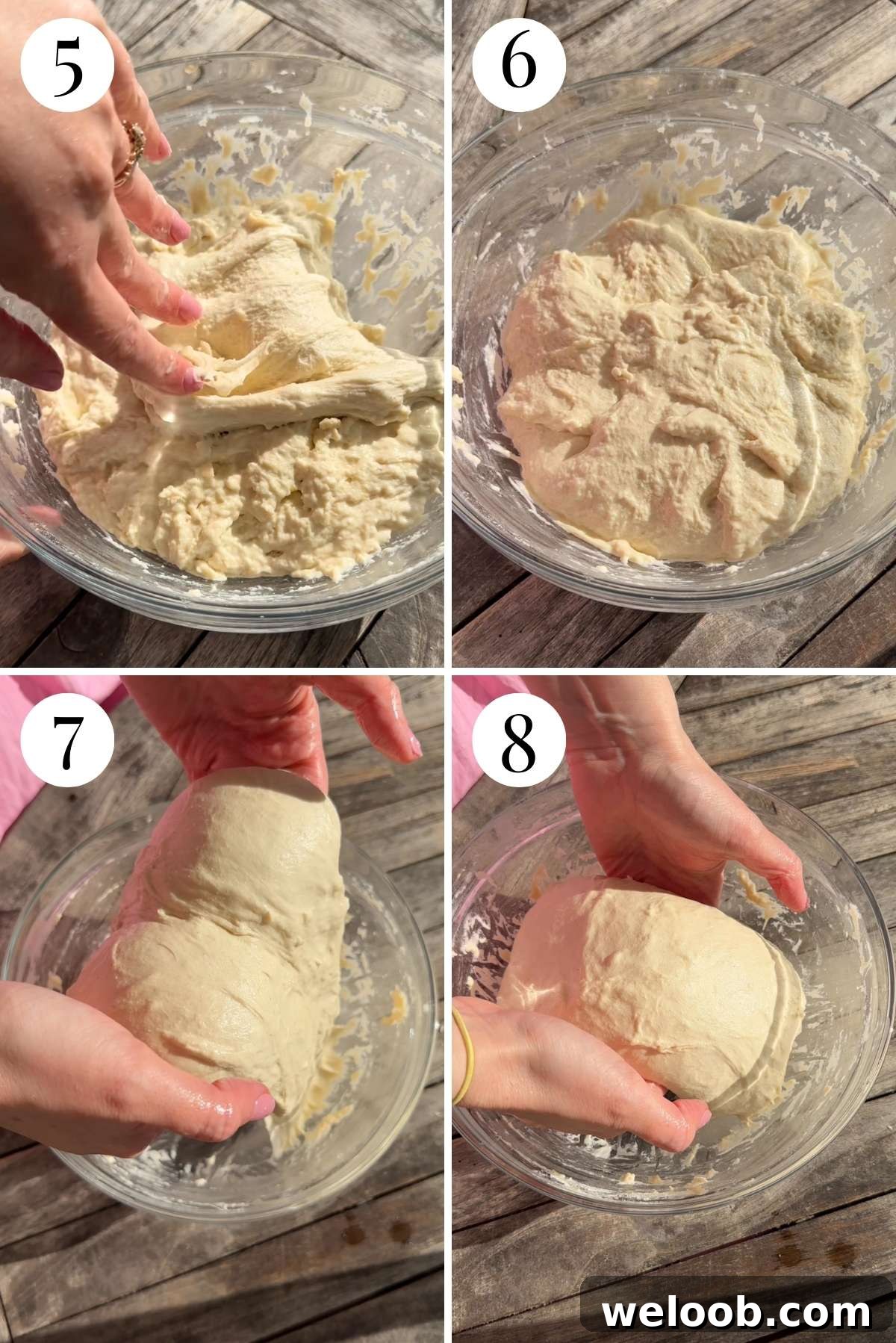 Four images in a collage showing how to do a stretch and fold then a coil fold with focaccia dough.