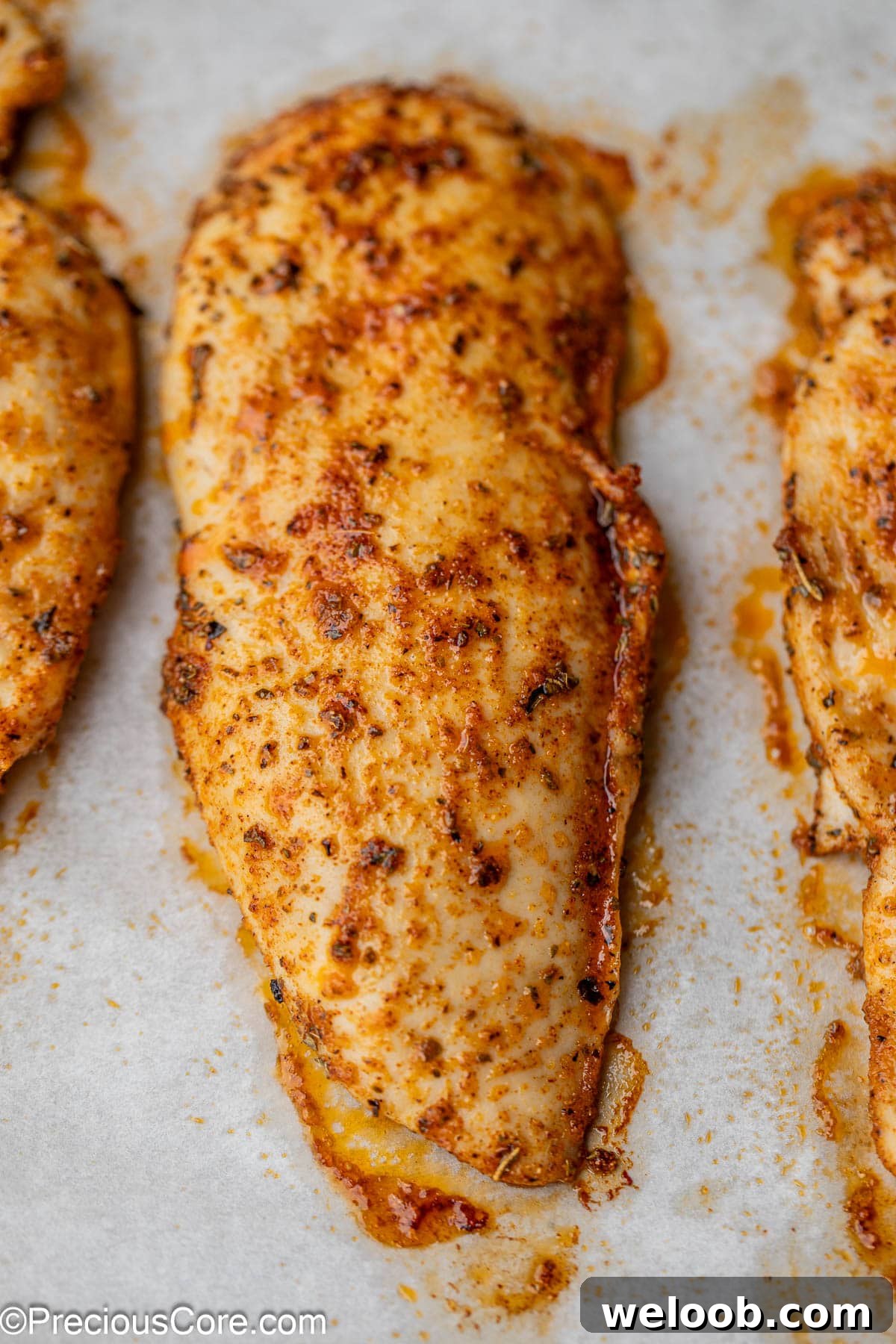 Close-up of juicy baked chicken.