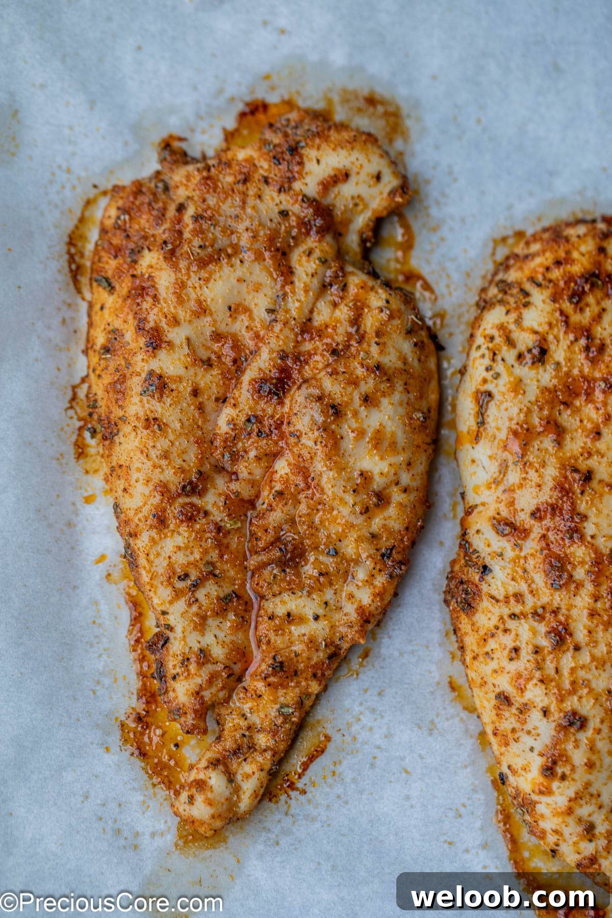 Close-up of a cooked thin chicken breast.