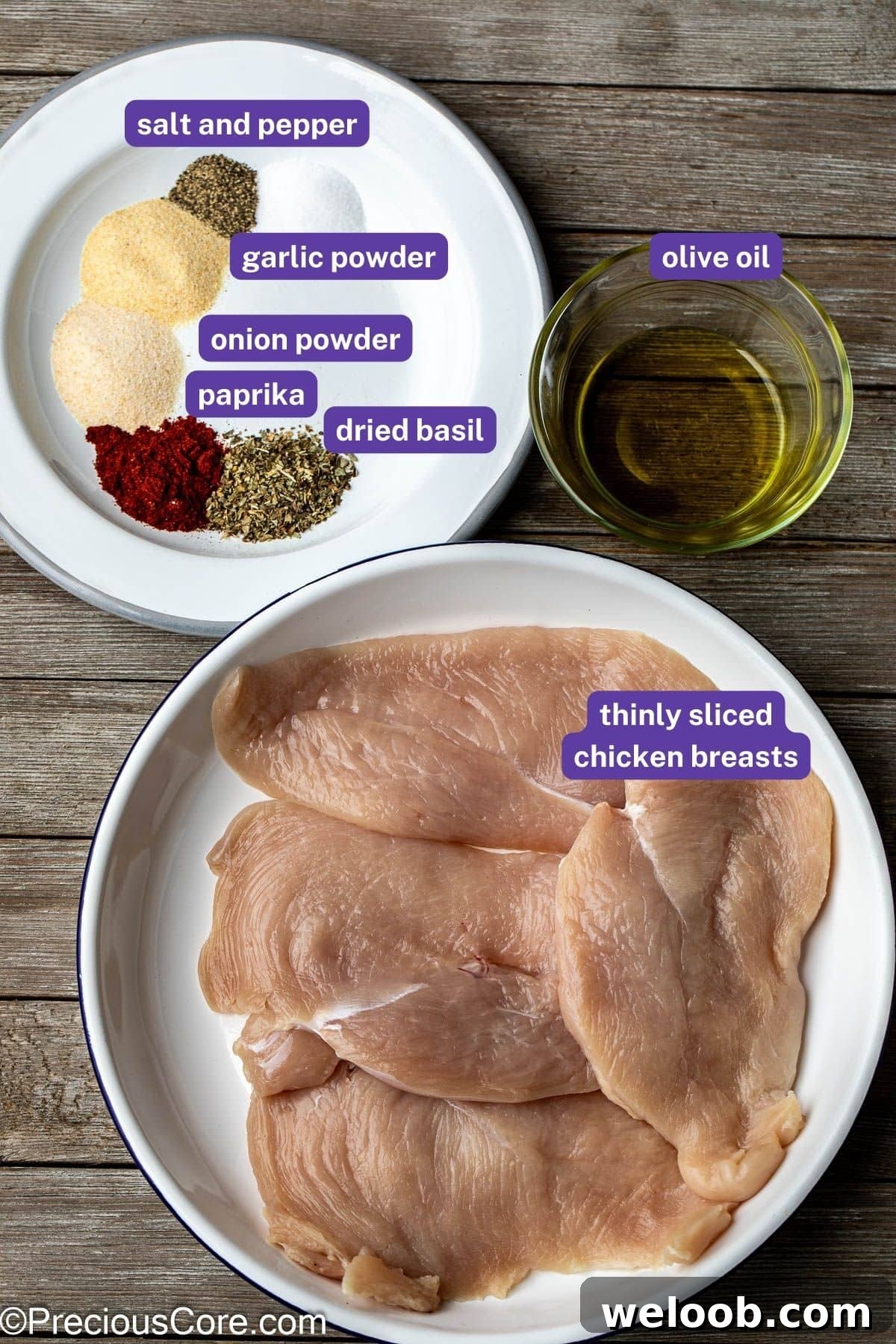 Ingredients for baked chicken with labels on them.
