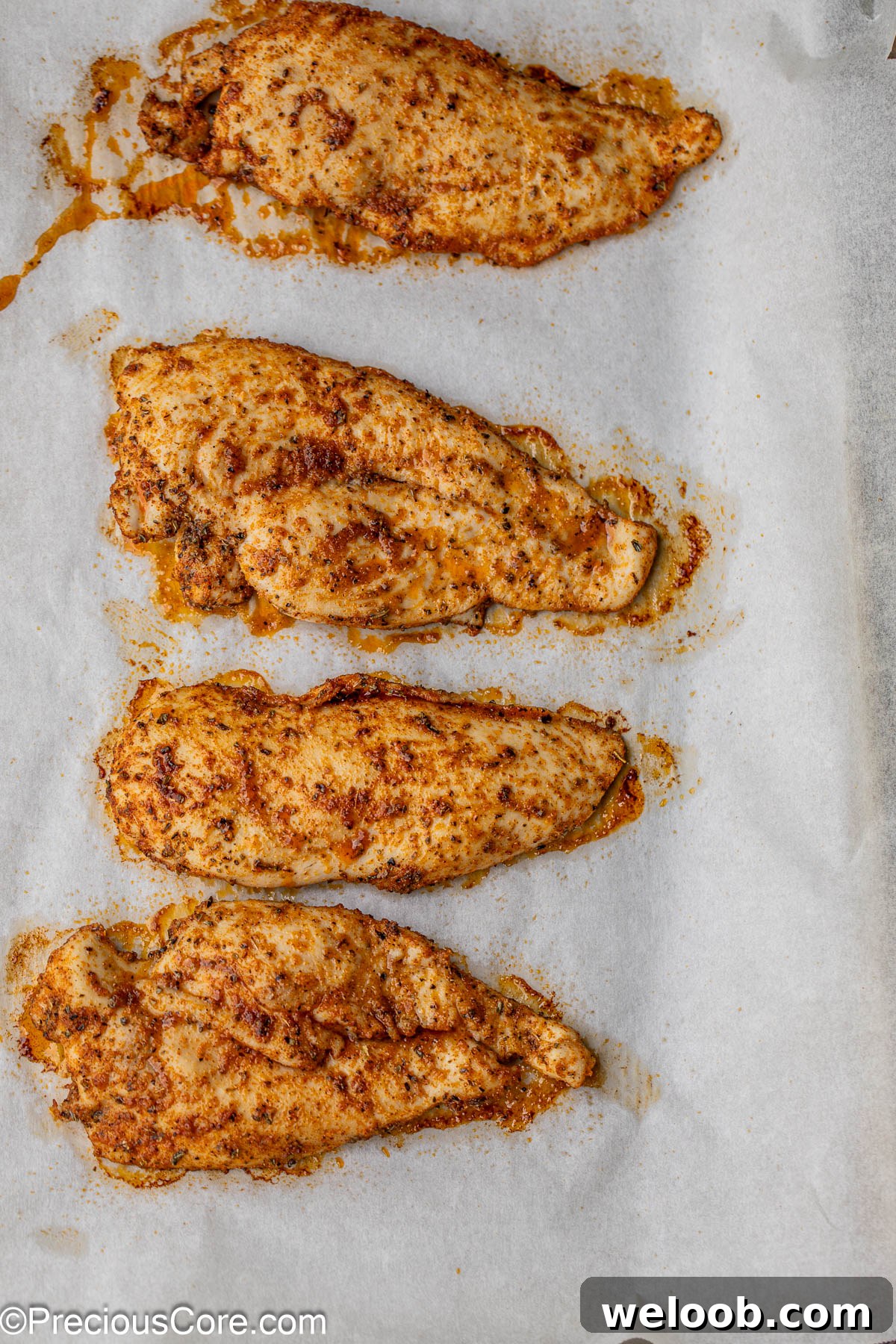 4 slices of baked chicken breasts on baking sheet.