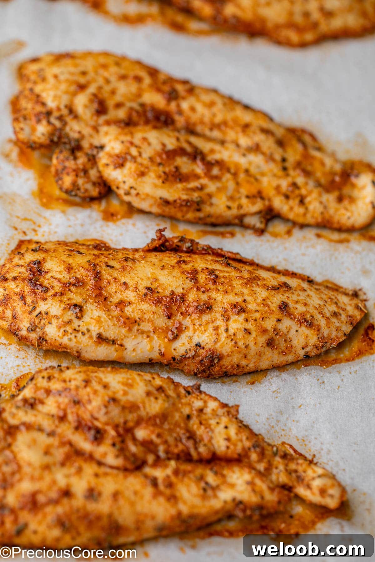 Baked thin sliced chicken breasts on parchment paper-lined baking sheet.