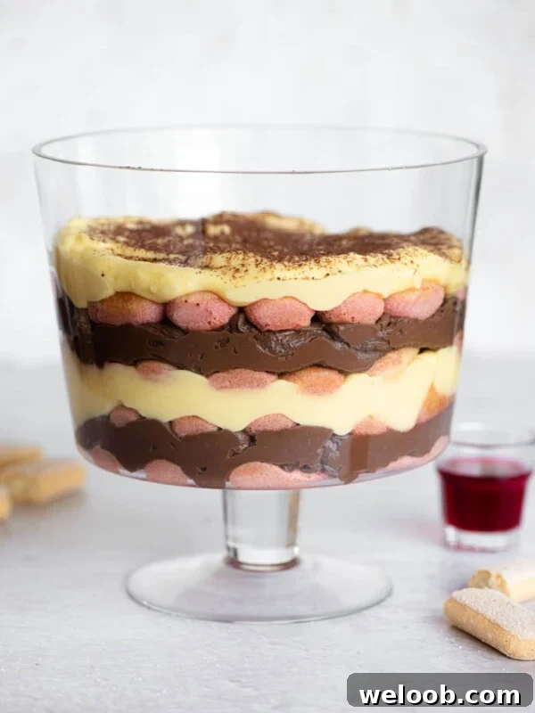 Zuppa inglese (Italian trifle) in a glass trifle dish so you can see all of the layers